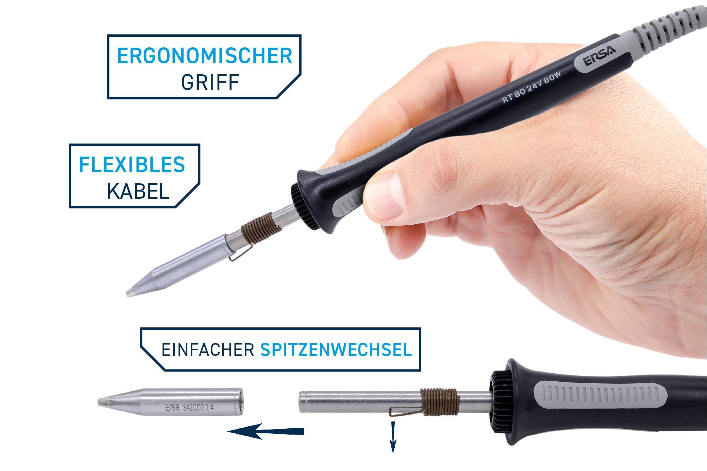 'Een hand houdt een soldeerbout vast met een ergonomische greep en een flexibel snoer. Daaronder wordt getoond hoe de punt gemakkelijk kan worden vervangen.'