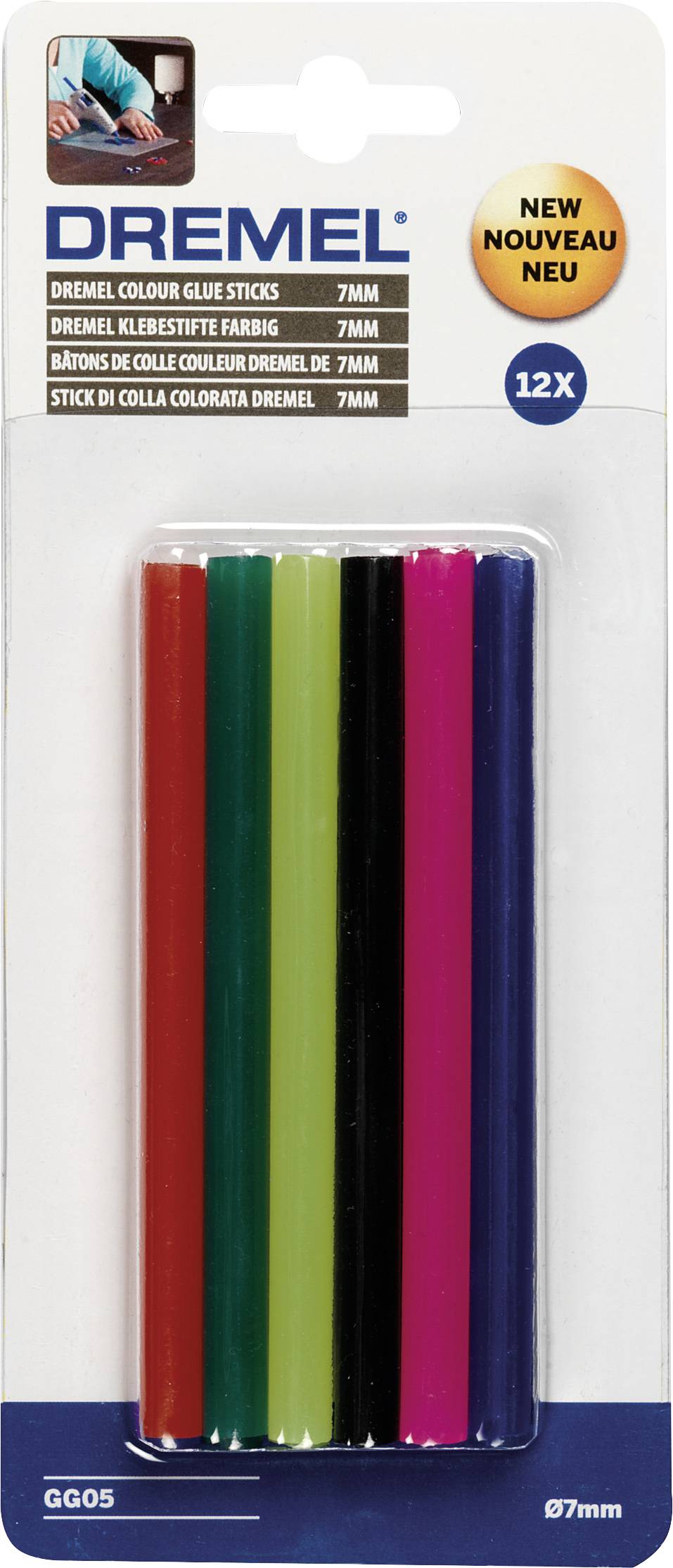 Verpakking met 12 gekleurde Dremel-lijmsticks. Bevat rode, groene, blauwe, zwarte en roze sticks. Grootte: 7 mm.