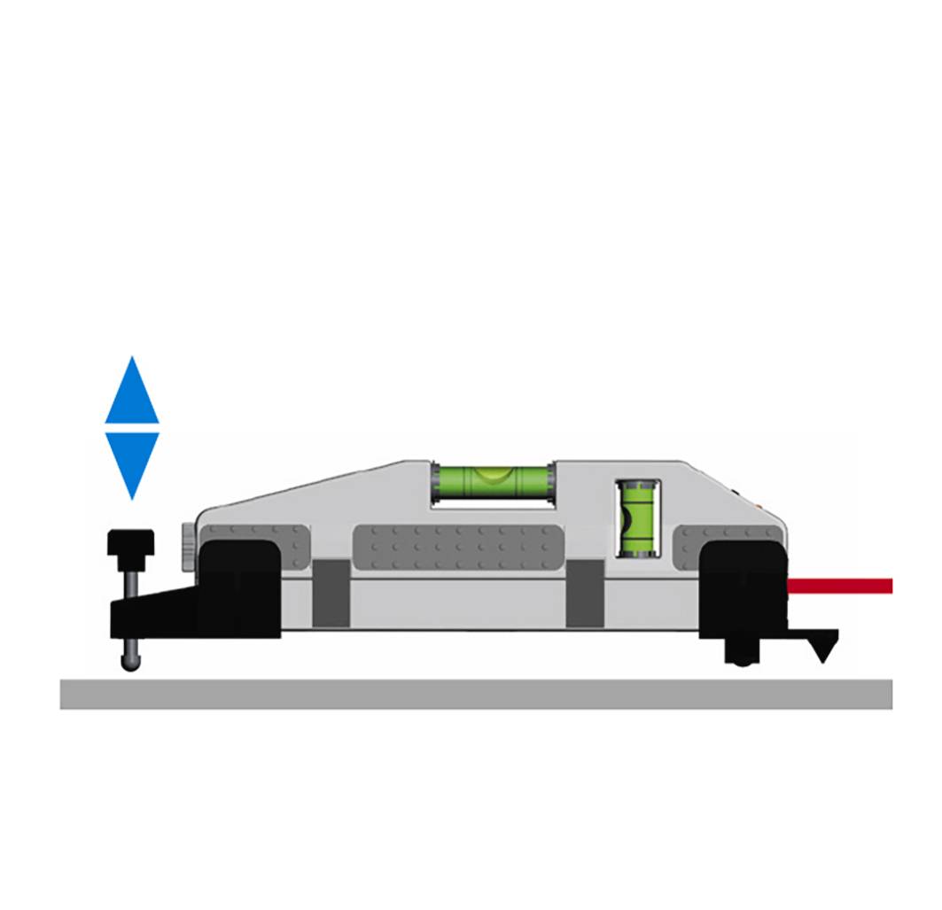 Een zijaanzicht van een apparaat met ingebouwde waterpas, stabilisatoren en een hefmechanisme.