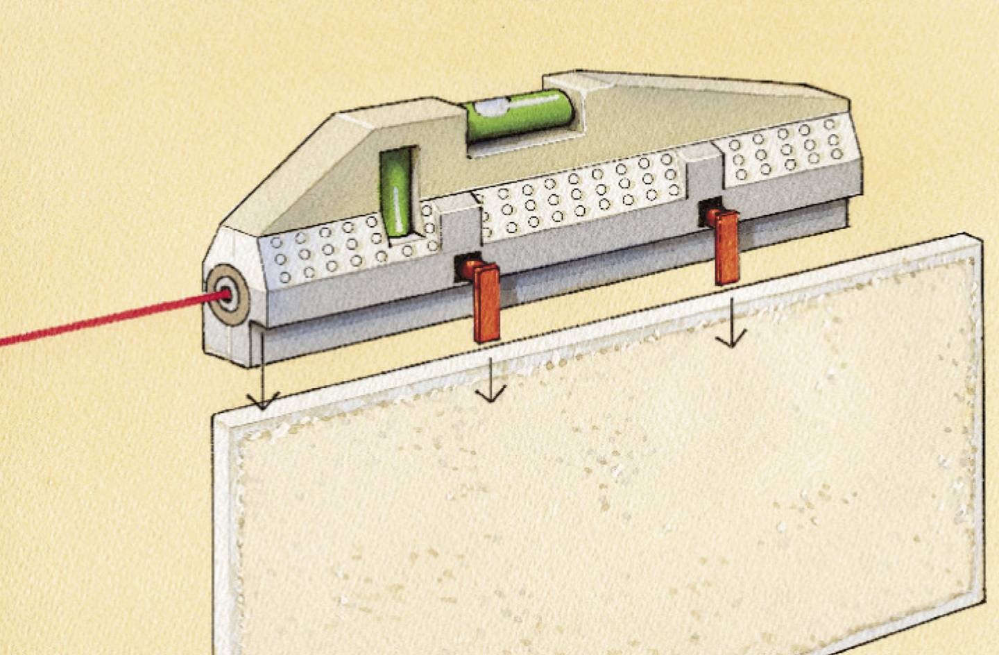 Een lasergebaseerd gereedschap meet de hellingshoek van een object, ondersteund door een waterpas aan de bovenkant voor nauwkeurige uitlijning.