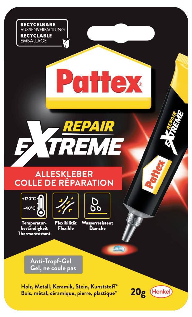 Pattex Reparatie Extreem lijm verpakking met de tube en eigenschappen zoals temperatuurstabiliteit, flexibiliteit en waterbestendigheid.