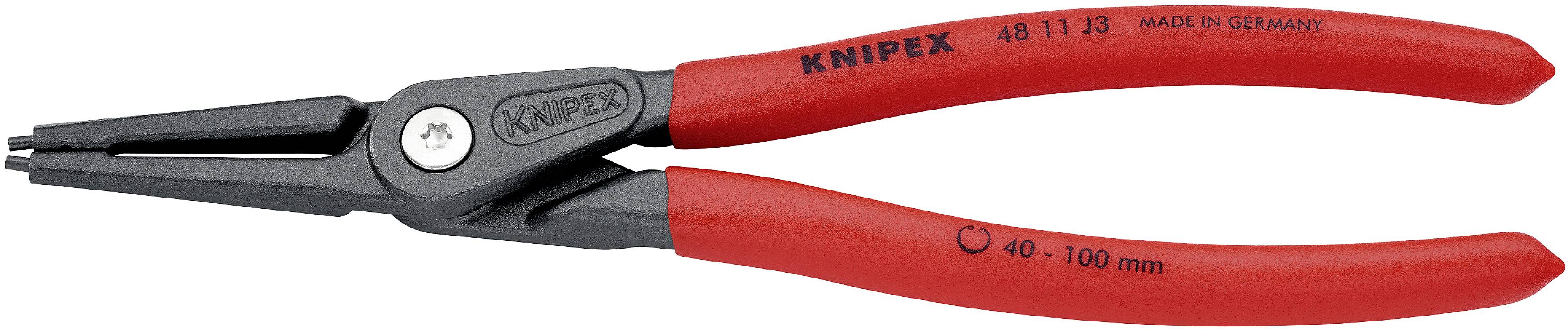 Een rode borgveertang van het merk Knipex, geschikt voor ringen van 40 tot 100 mm, vervaardigd in Duitsland.