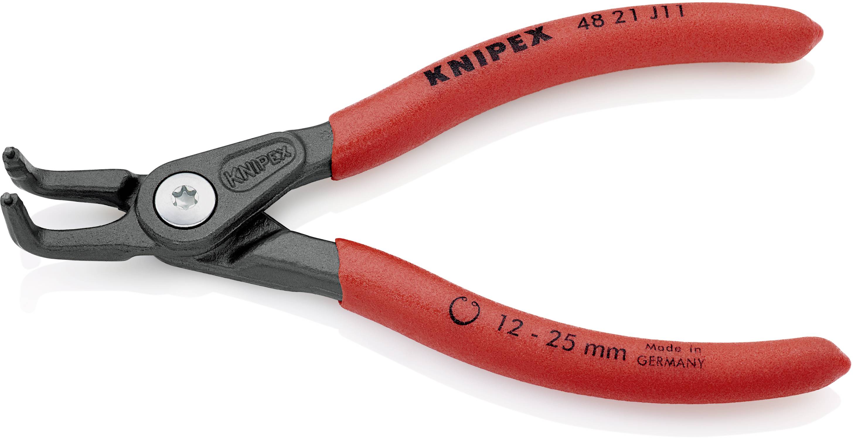 'Borgveertang' van Knipex in rood. Modelnummer '48 21 J11'. Ontwikkeld voor binnenringen met een diameter van 12-25mm. Vervaardigd in Duitsland.