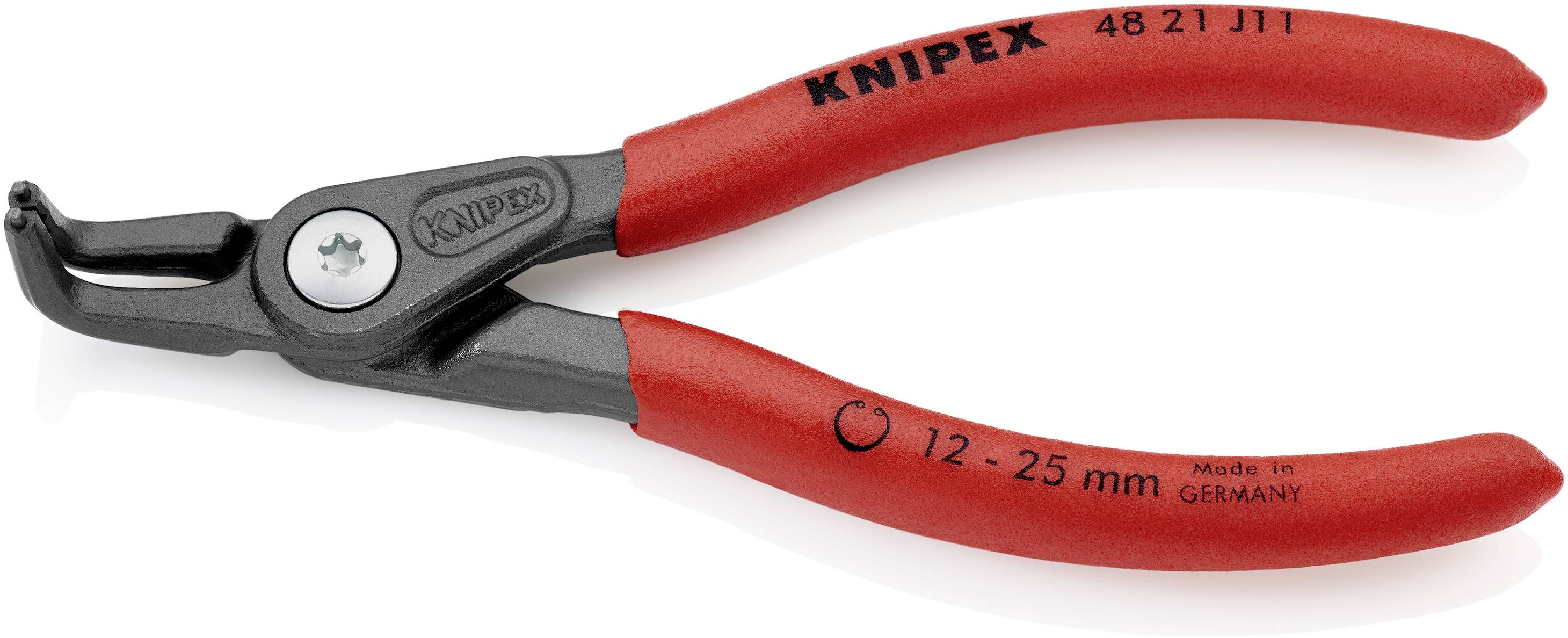 Een rode Knipex-tang, geschikt voor ringen met een diameter van 12-25 mm, vervaardigd in Duitsland.