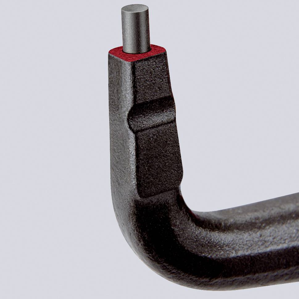 Zwarte L-vormige metalen beugel met rode accent aan één uiteinde. Hij wordt vaak gebruikt als steun of houder.