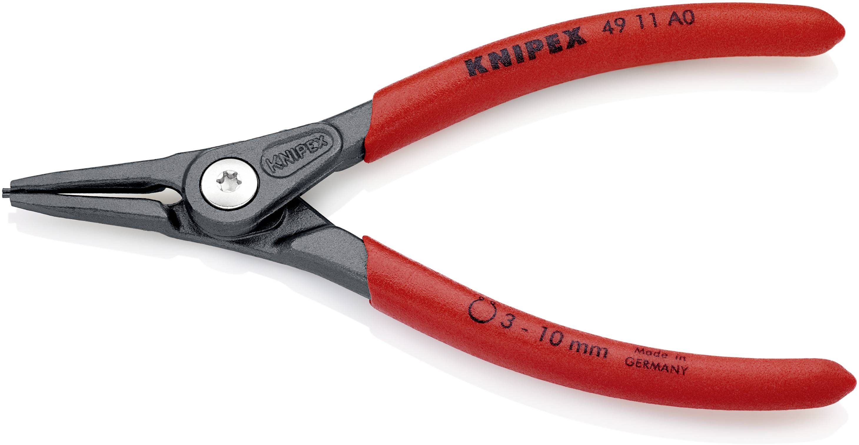 Een rode zeegeringtang met het opschrift 'Knipex 3-10 mm', naast een maataanduiding van 49 11 A0 en 'Made in Germany'.