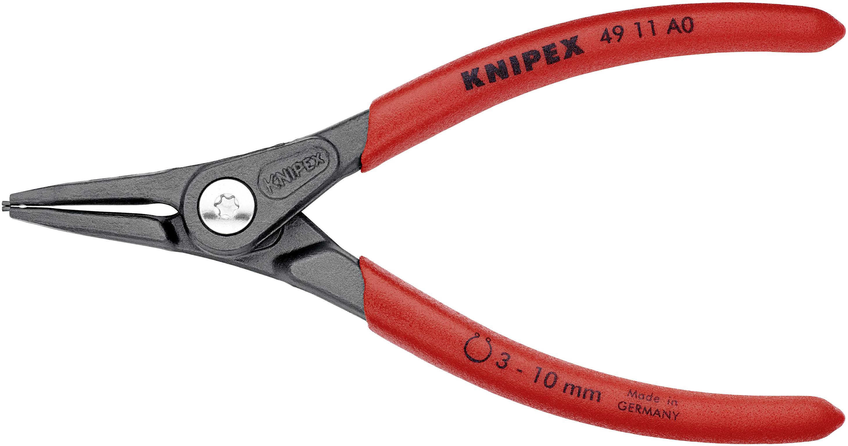 Een Knipex-tang met rode handgrepen, geschikt voor binnenste zekeringsringen van 3 tot 10 mm. Vervaardigd in Duitsland.
