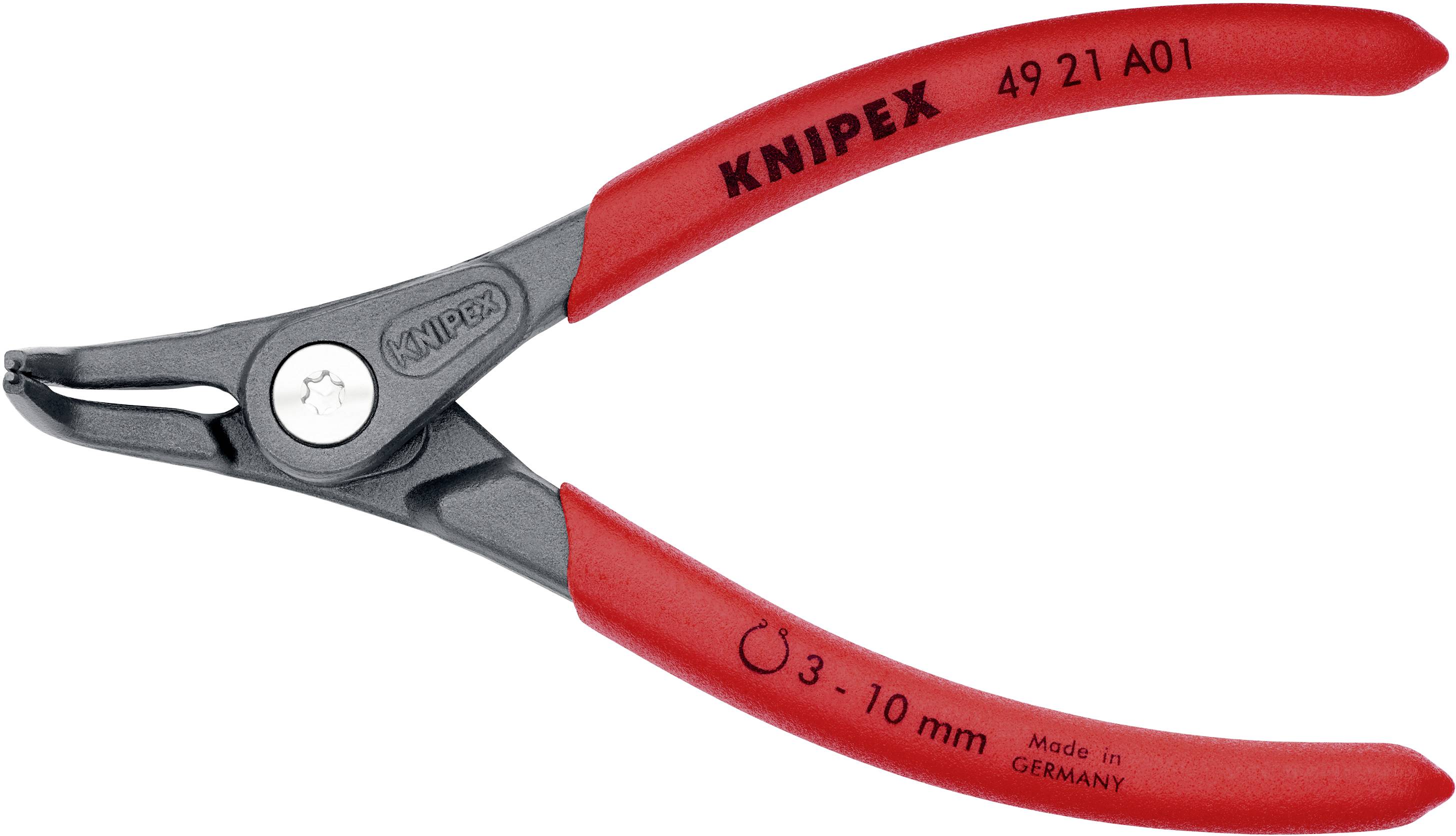 Rode Knipex-tang met opschrift 'KNIPEX 49 21 A01', geschikt voor 3-10 mm, vervaardigd in Duitsland.