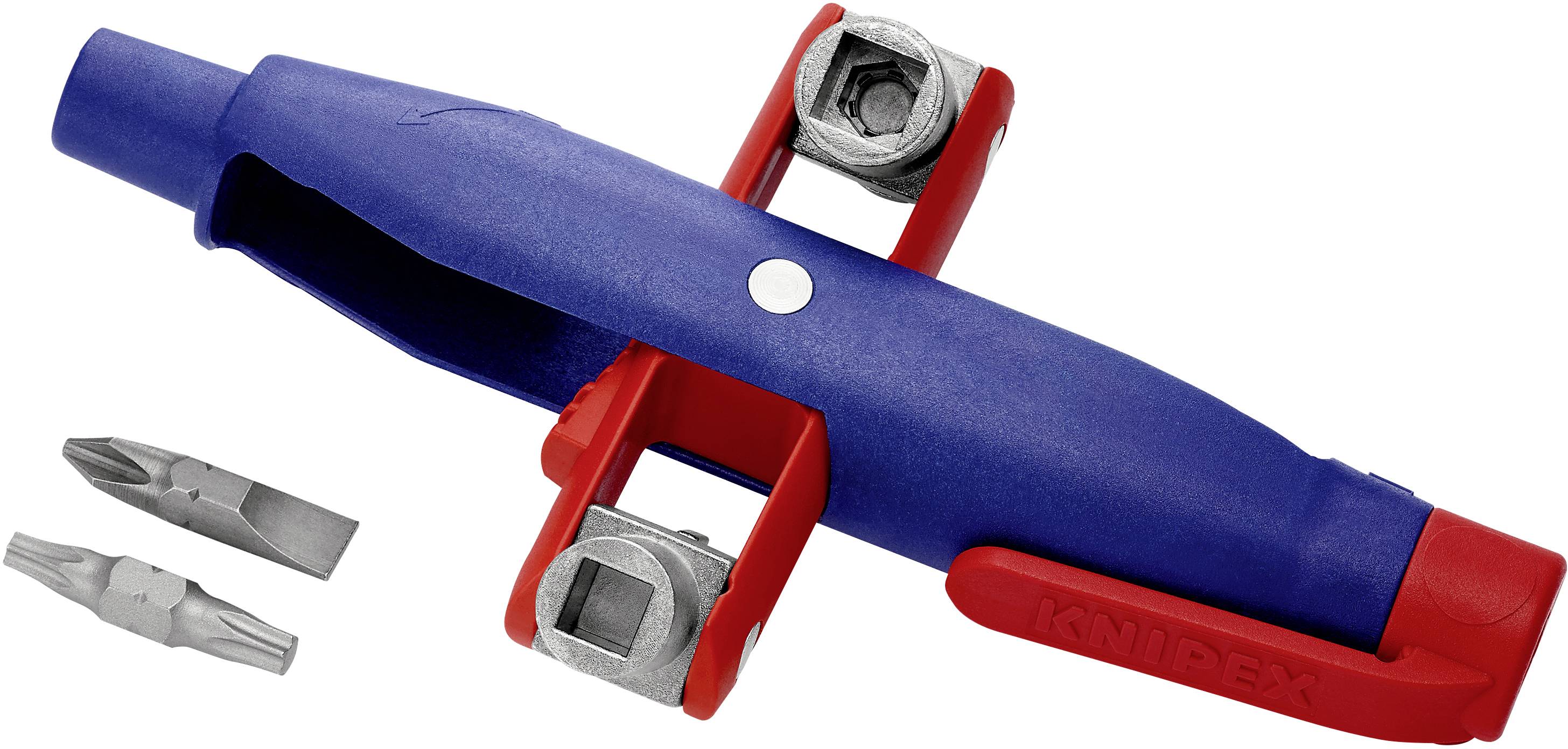 Blauwe universele steeksleutel met twee metalen kubussen en rode details, inclusief twee verwisselbare bits. Handgereedschap voor monteurs.