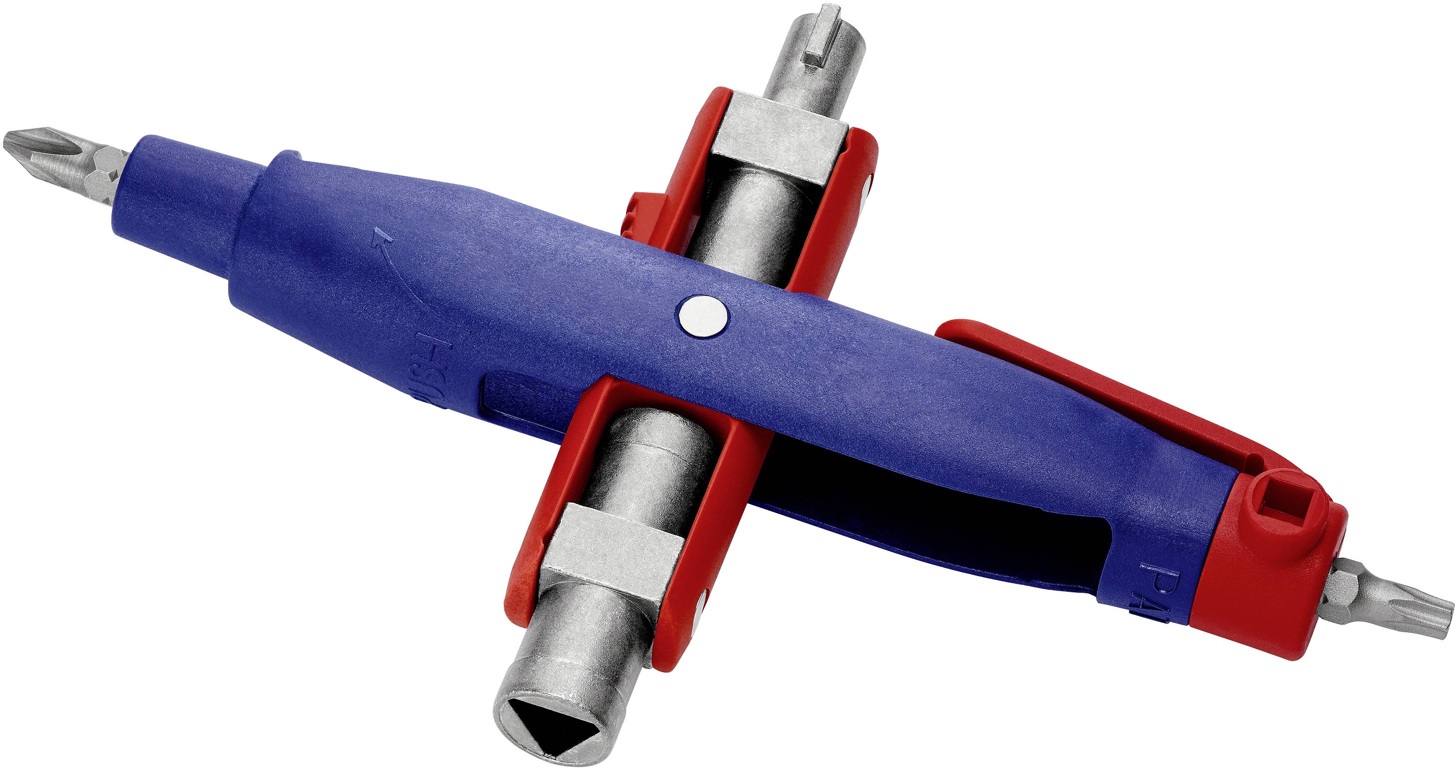 Multifunctioneel gereedschap met verschillende schroevendraaier-inzetstukken en steeksleutels in een behuizing van blauw en rood.