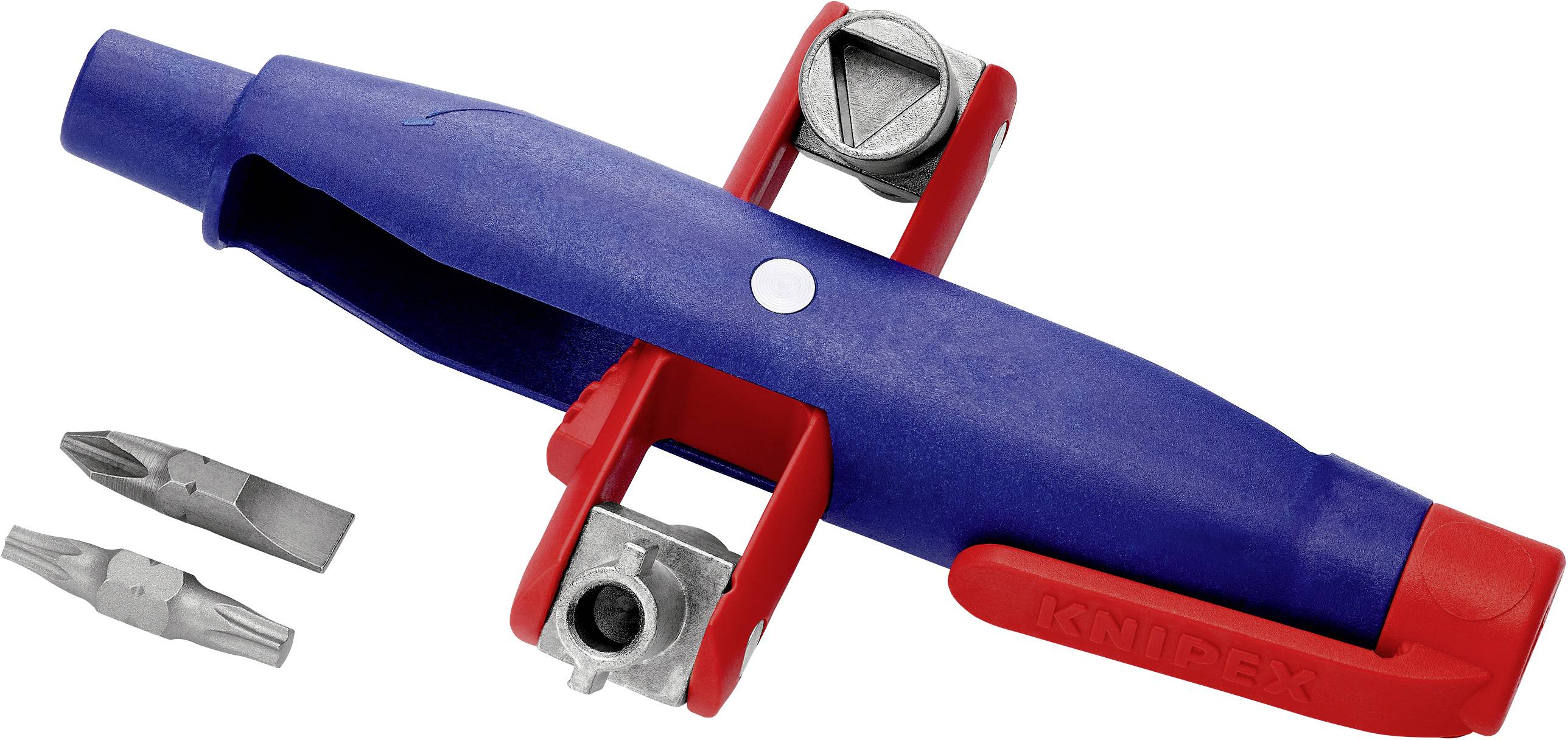 Blauwe en rode universele schakelkastsleutel met twee verwisselbare bits voor verschillende schroeftypen.