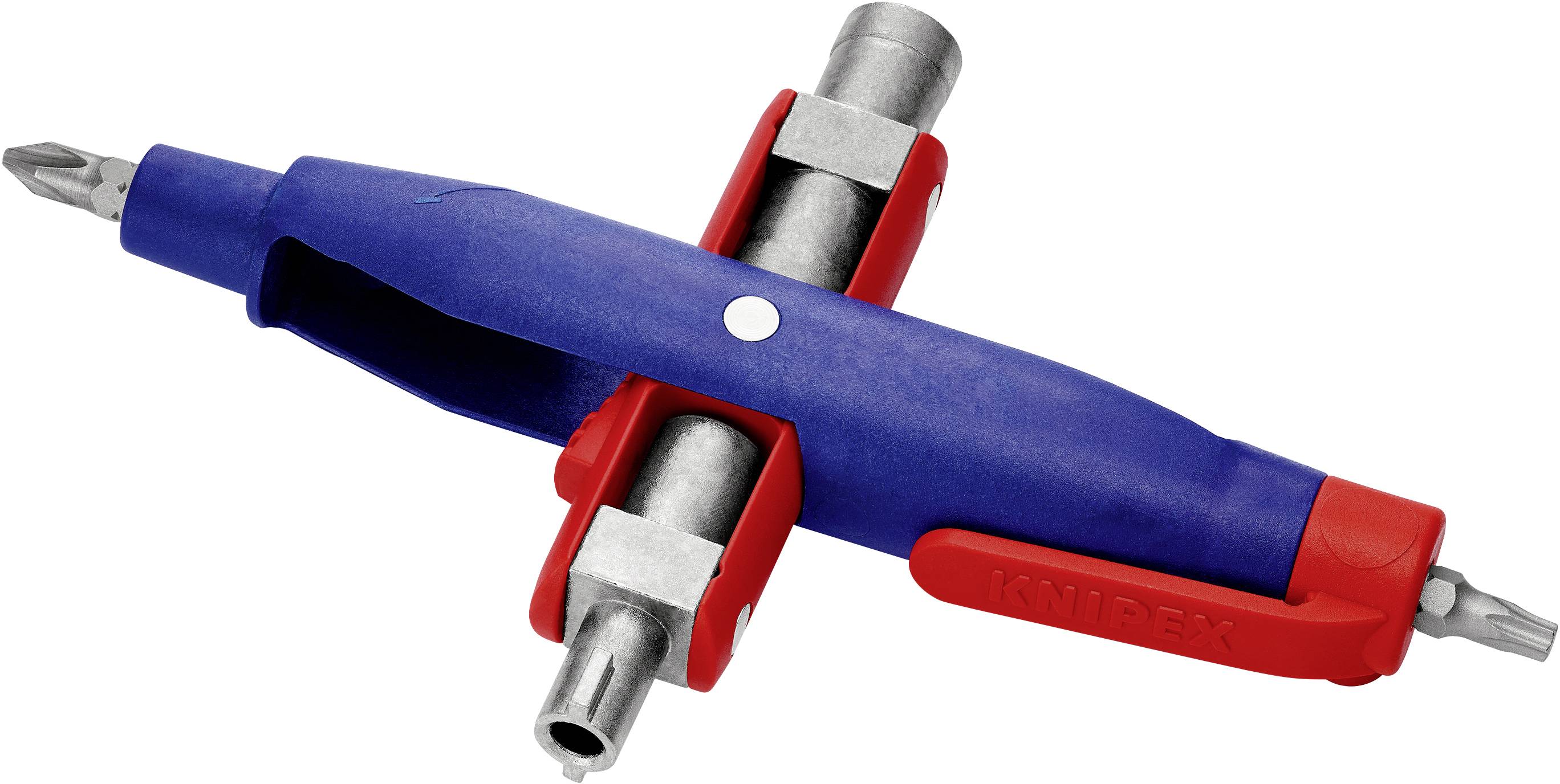 Een rood-blauwe, multifunctionele schroevendraaier met vier verschillende bits en handgrepen die een kruis vormen.