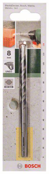 'Bosch UNEO Boor', verpakt, 8 mm, voor beton en bakstenen. Verpakking toont toepassingsbeelden, compatibele merken, maatschaal.