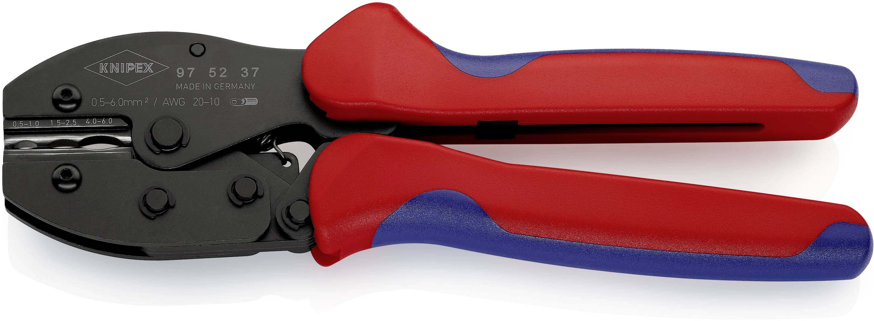 Handkrimptang met rode en blauwe handgreep, bestemd voor het aanbrengen van crimps op kabels.