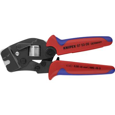 Krimptang van Knipex, rood-blauw, voor adereindhulzen van 0,08 tot 16 mm²; zwart mechanisme met schaal.