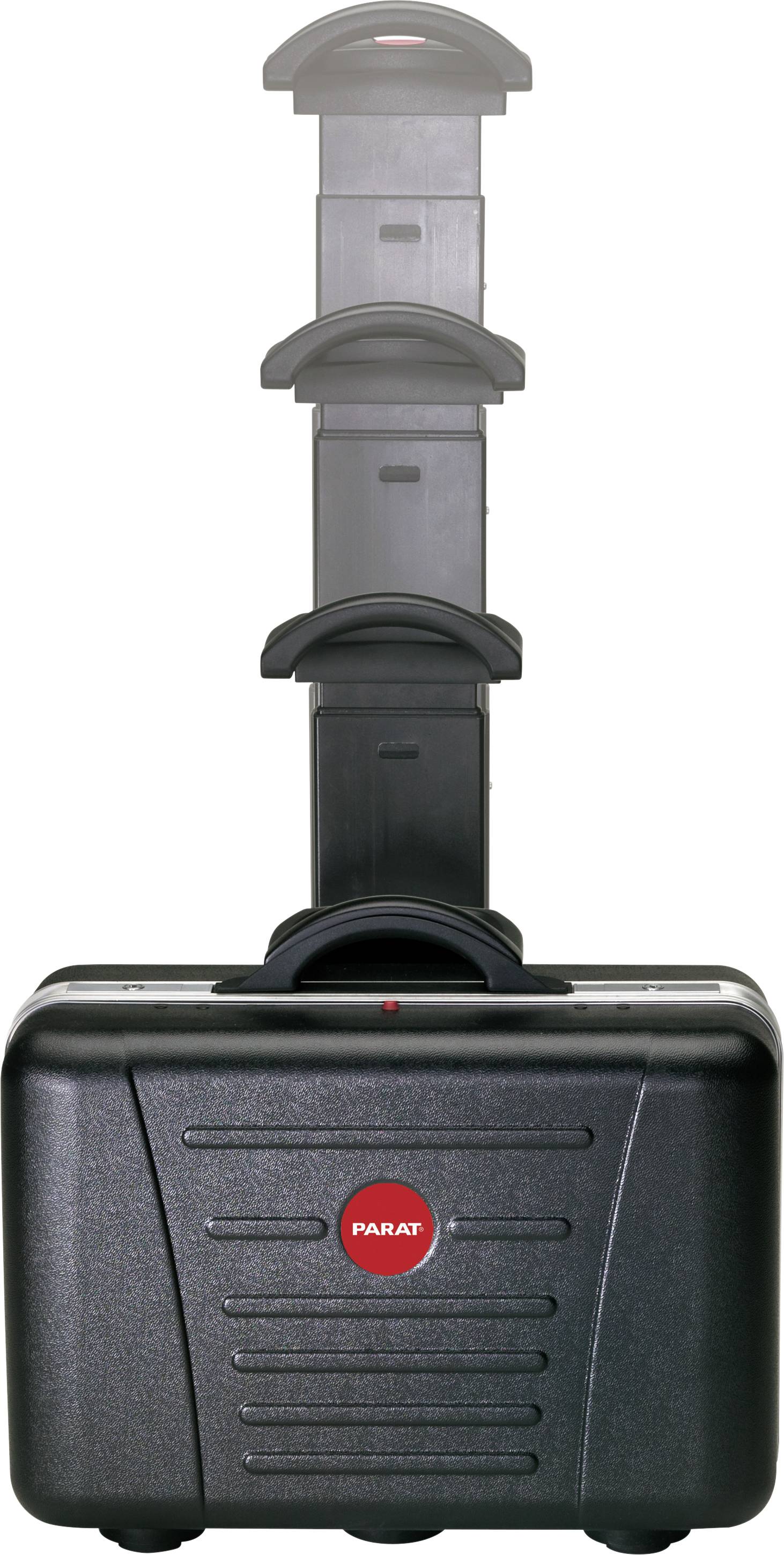 Zwarte gereedschapskoffer met rood logo, telescopische handgreep uitgeschoven, geschikt voor veilig transport van gereedschappen.