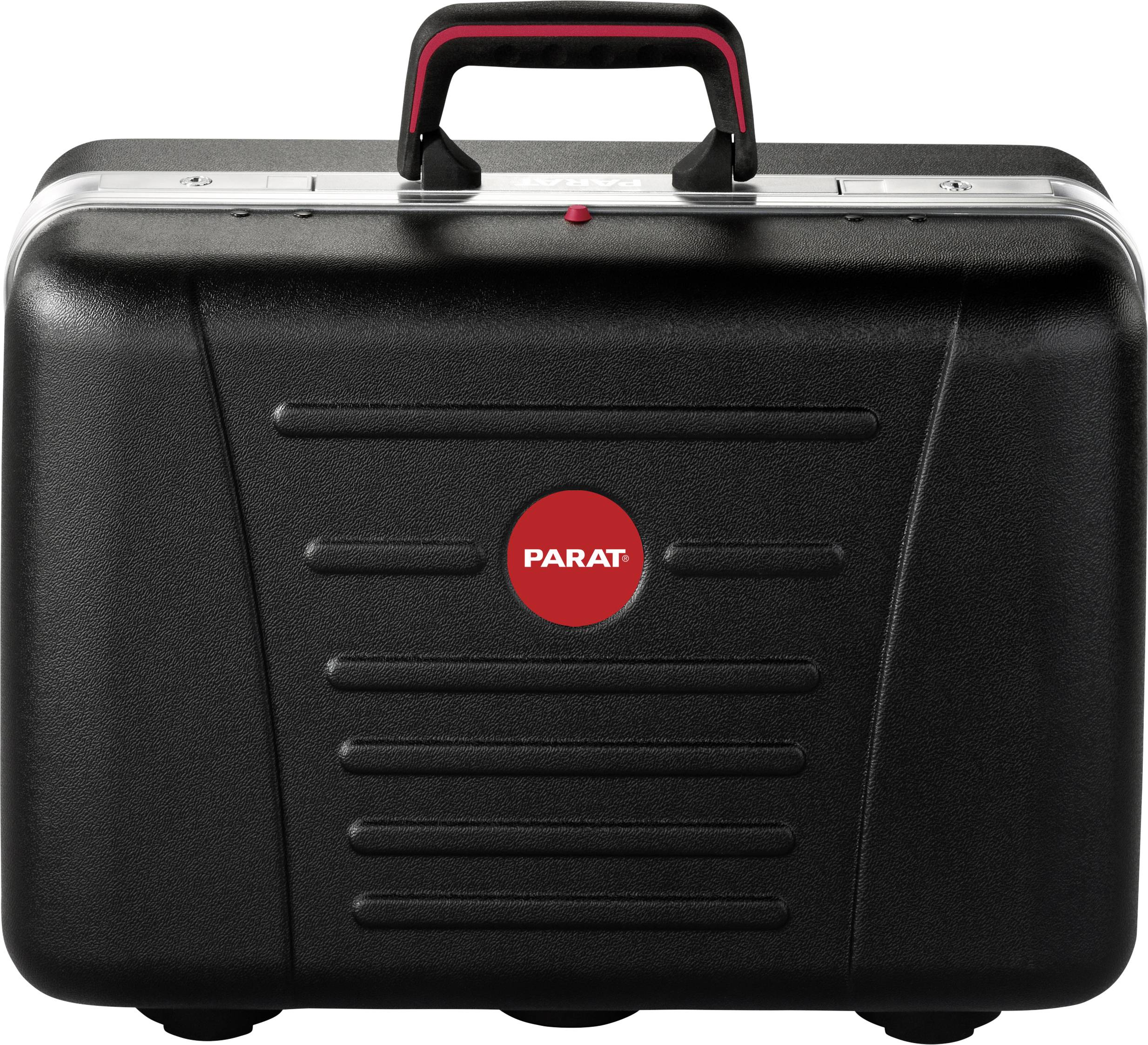 Zwarte, robuuste koffer met rood logo en handgreep, geschikt voor veilig transport en opslag van gereedschappen of uitrusting.