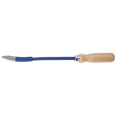 Een gebogen, blauw tuingereedschap met een houten handvat dat wordt gebruikt om onkruid te verwijderen.