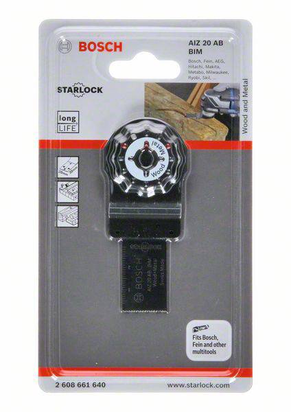 Een Bosch multitool-zaagblad in de originele verpakking, met Starlock-bevestiging, geschikt voor hout en metaal.