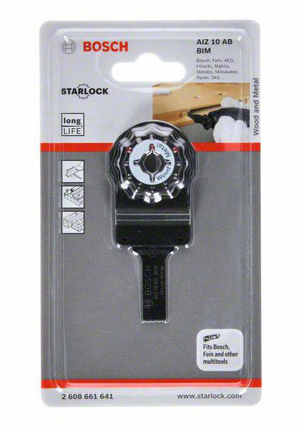 Verpakking van een Bosch Starlock zaagblad, model AIZ 10 AB BIM, geschikt voor hout en metaal. Toont het blad in een blister, compatibel met Bosch- en andere multifunctionele gereedschappen.