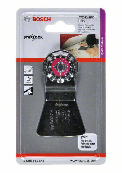 Verpakking van een Bosch Starlock multitool-mesopzetstuk, model ATZ 52 SFC. Geschikt voor het verwijderen van siliconen op verschillende oppervlakken.