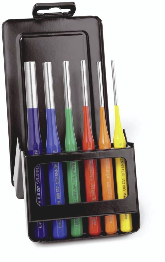 Een set van zeven schroevendraaiers in verschillende kleuren in een zwarte kunststof doos.