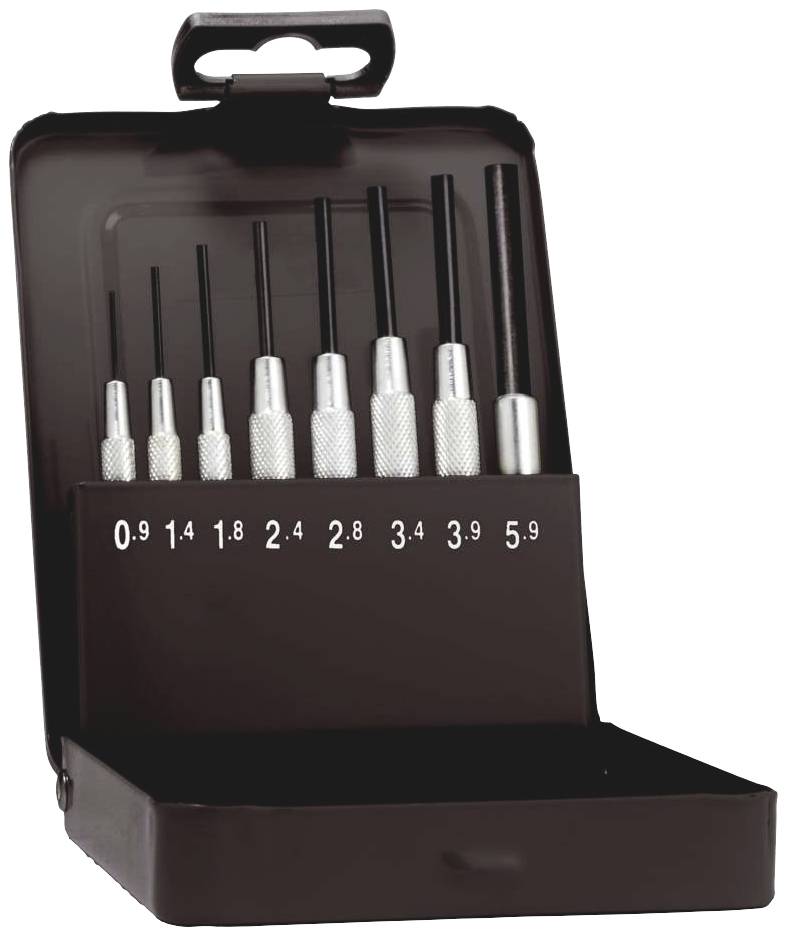 Een set van zeven schroevendraaiers in verschillende maten van 0,9 tot 5,9, gerangschikt in een zwart kunststof etui.