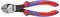 Rode en blauwe handgreep-draadknipper met 'Knipex'-merk. Gegraveerde tekst: '73 72 180' en 'Gepatenteerde kap. Piano ø 3 mm'.