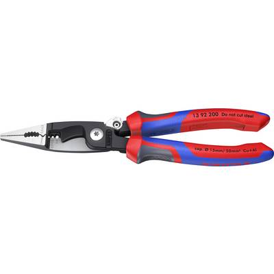 Een paar geïsoleerde meercomponenten tangen met een snijkant, weergegeven van opzij, met rode en blauwe ergonomische handgrepen.