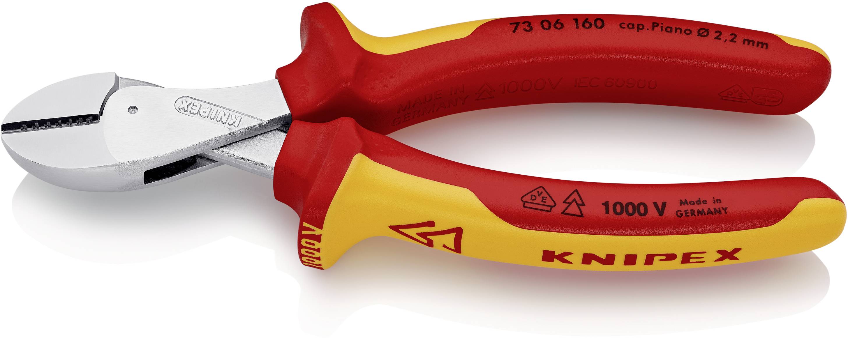Geïsoleerde Knipex-combinatietang met rode en gele handgrepen, geschikt voor werkzaamheden tot 1000 Volt. Made in Germany.