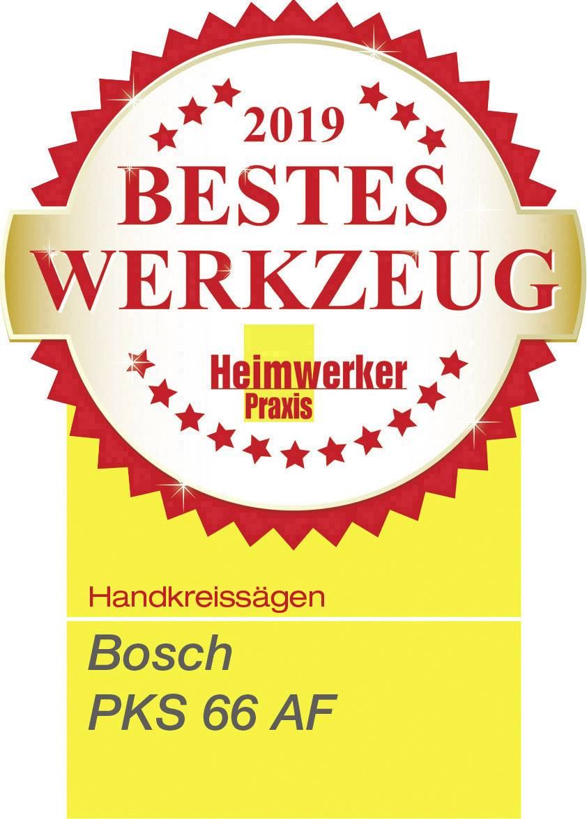 Onderscheiding 'Beste Gereedschap 2019' van Heimwerker Praxis, toegekend aan Bosch PKS 66 AF in de categorie Handcirkelzagen.
