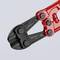 Een rode boutenschaar met een zwarte kop en twee handgrepen. Fabrikantopdruk vermeldt 'Knipex made in Germany'.