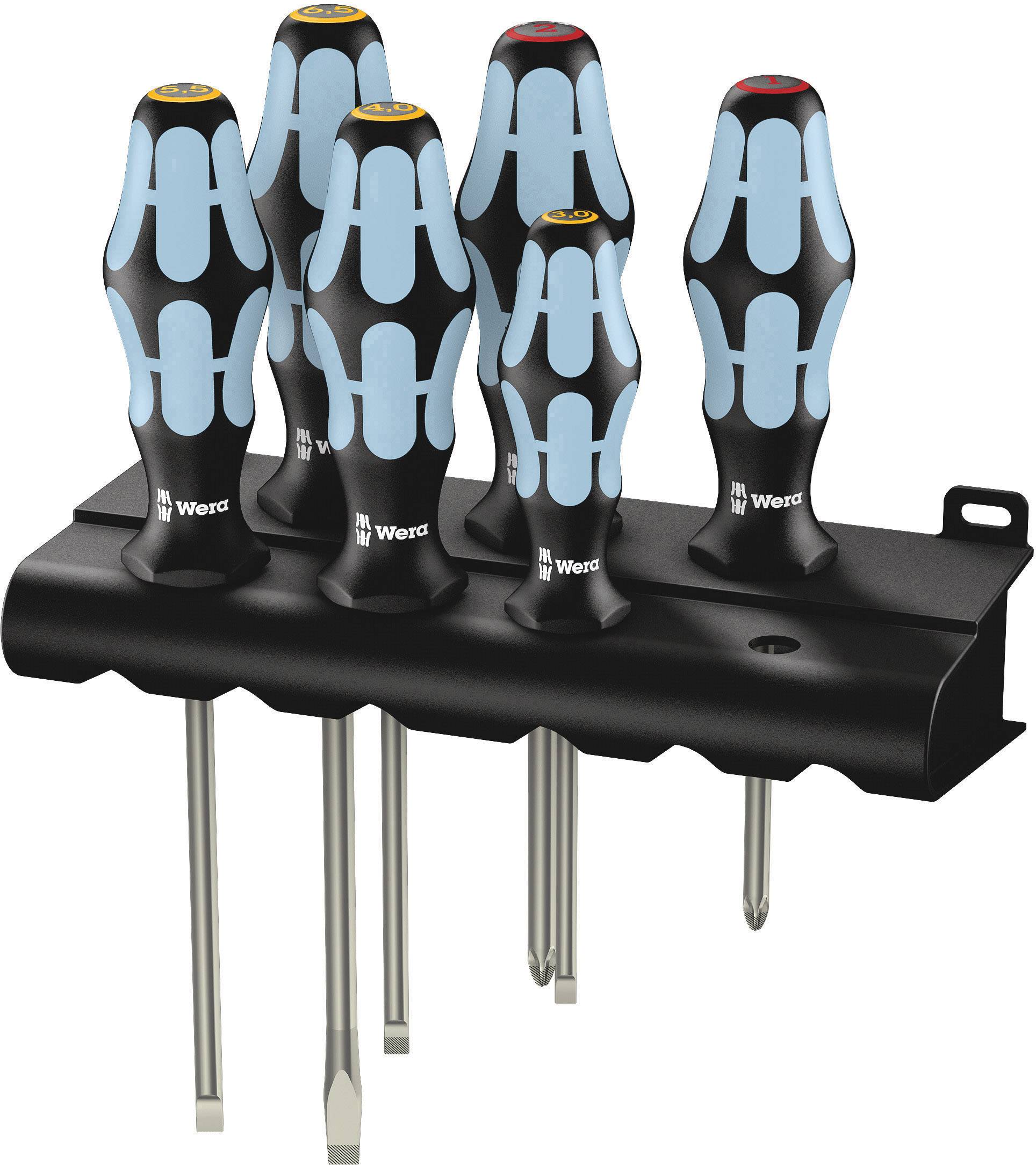 Zesdelig schroevendraaier-set in een zwarte houder, met ergonomische handgrepen in blauw en zwart.