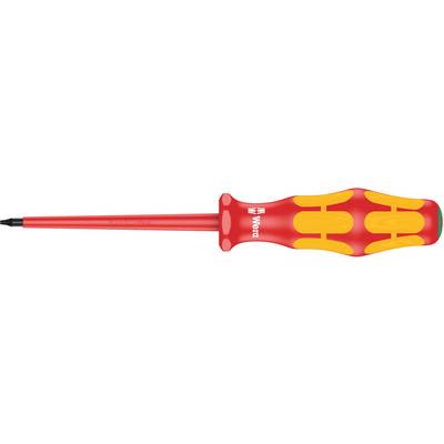 Een rood-gele schroevendraaier met isolatie voor elektrotechnische werkzaamheden. De handgreep is ergonomisch gevormd; het merk 'Wera' is zichtbaar.