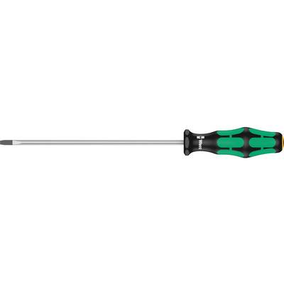 Een schroevendraaier met een zwarte en groene ergonomische handgreep en een lange, smalle metalen kling voor kruiskopschroeven.