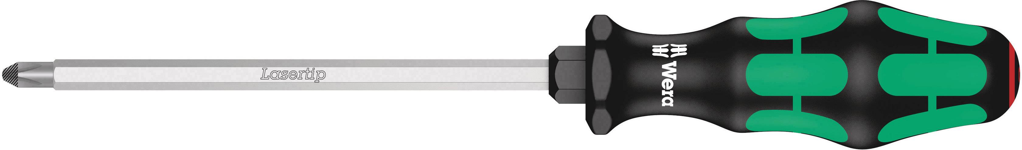 Schroevendraaier met zwarte en groene handgreep, metalen punt en een meslengte van 200 mm, merknaam gegraveerd op de handgreep.