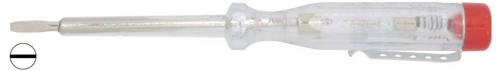 Een doorzichtige schroevendraaier met een metalen blad en rode dop, voorzien van een geïntegreerde spanningstest en een clip langs de steel.