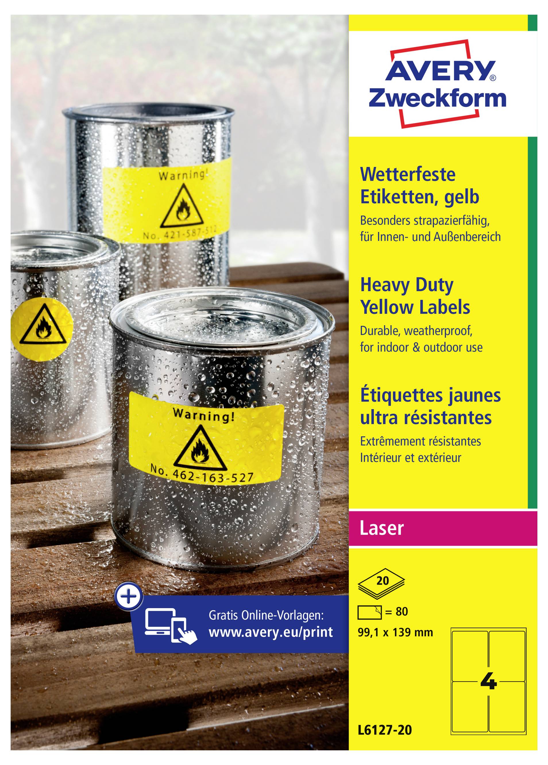 Avery Zweckform robuuste gele labels voor laserprinters, waterdicht voor binnen- en buitengebruik, getoond op metalen blikken met waarschuwingslabels.