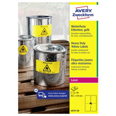 Avery Zweckform robuuste gele labels voor laserprinters, waterdicht voor binnen- en buitengebruik, getoond op metalen blikken met waarschuwingslabels.