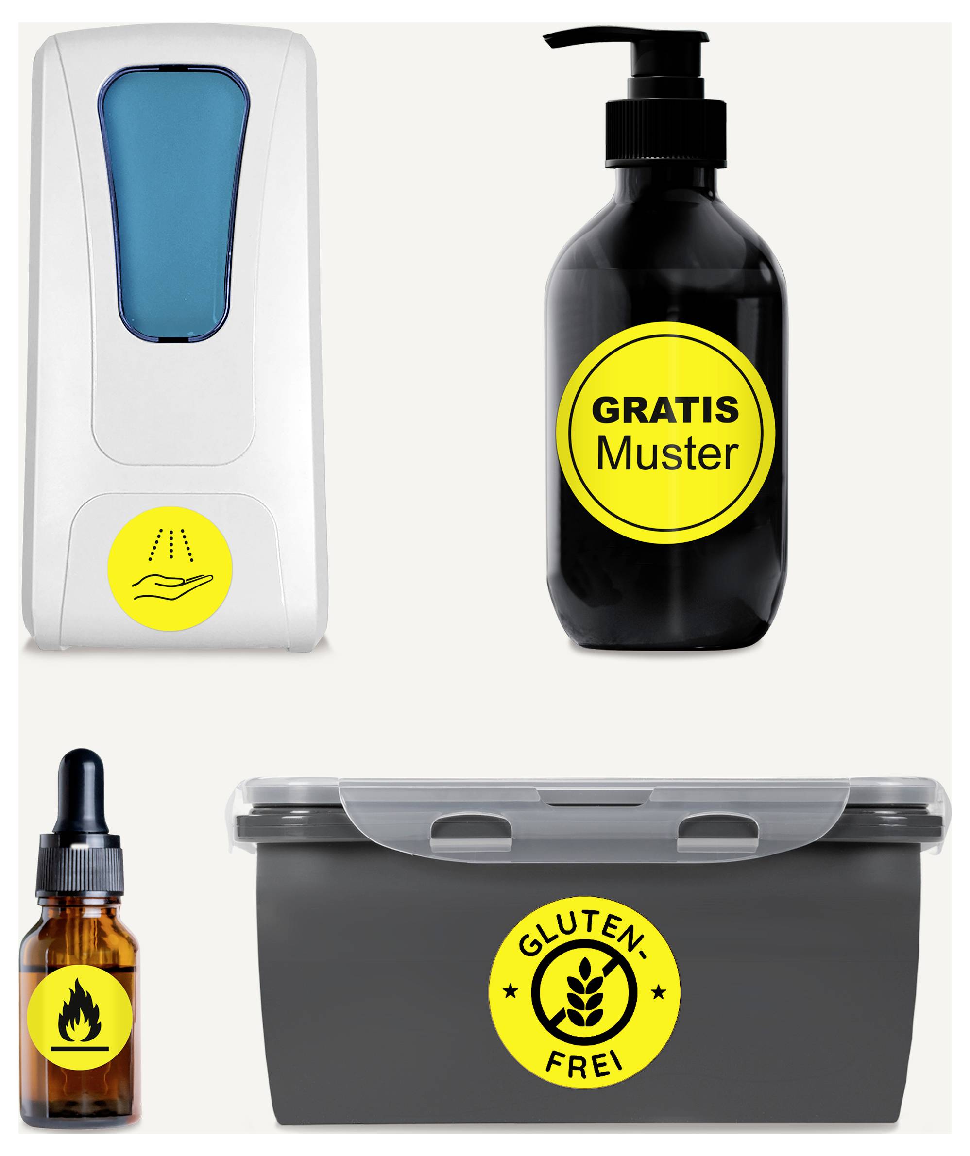 Vier containers met gele etiketten: Dispenser, pompfles 'GRATIS monster', druppelfles met vlammen symbool en opslagdoos 'GLUTENVRIJ'.