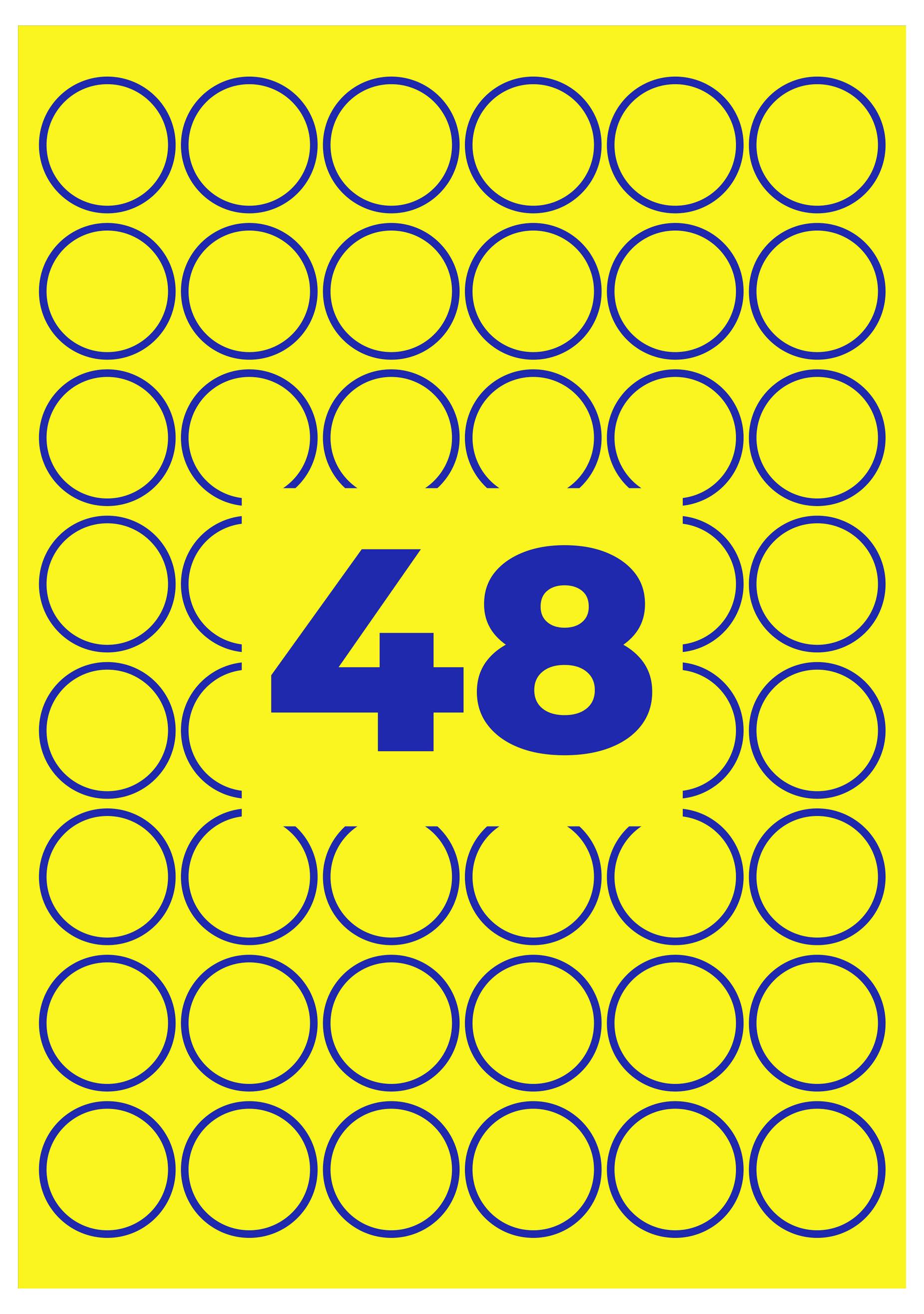 Gele achtergrond met blauw omrande cirkels; in het midden staat groot het getal '48'.