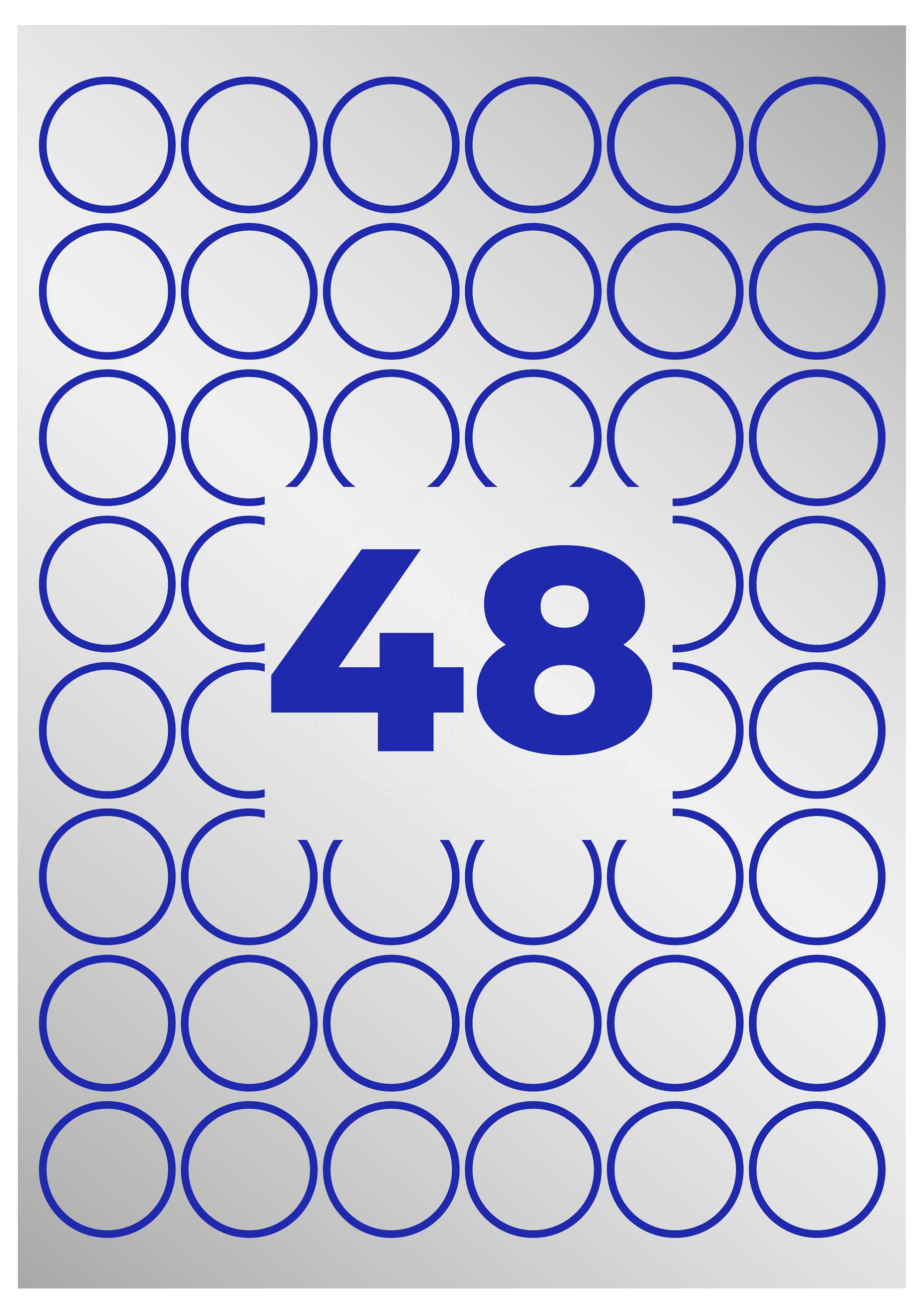 Getal 48 in blauw op wit veld, voor een achtergrond van veel blauwe cirkels op grijze ondergrond.