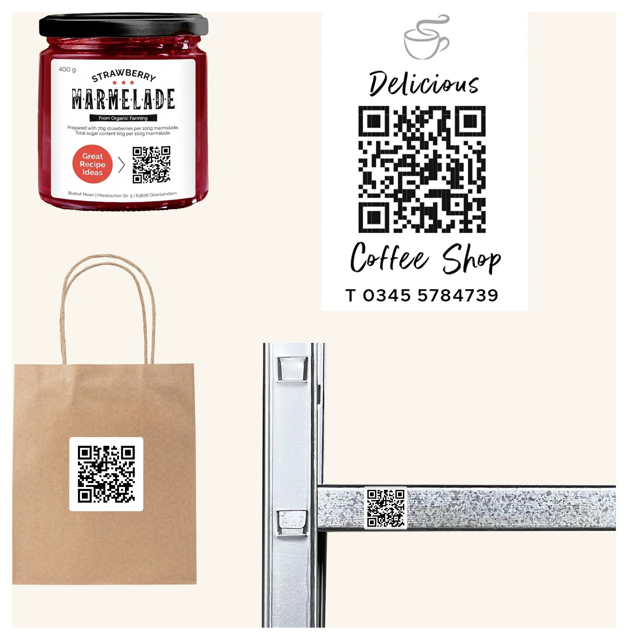 Voorbeeld van QR-code-toepassingen: Marmeladepot, Coffee-shop-bord, Boodschappentas en Metaalonderdeel elk met QR-code.