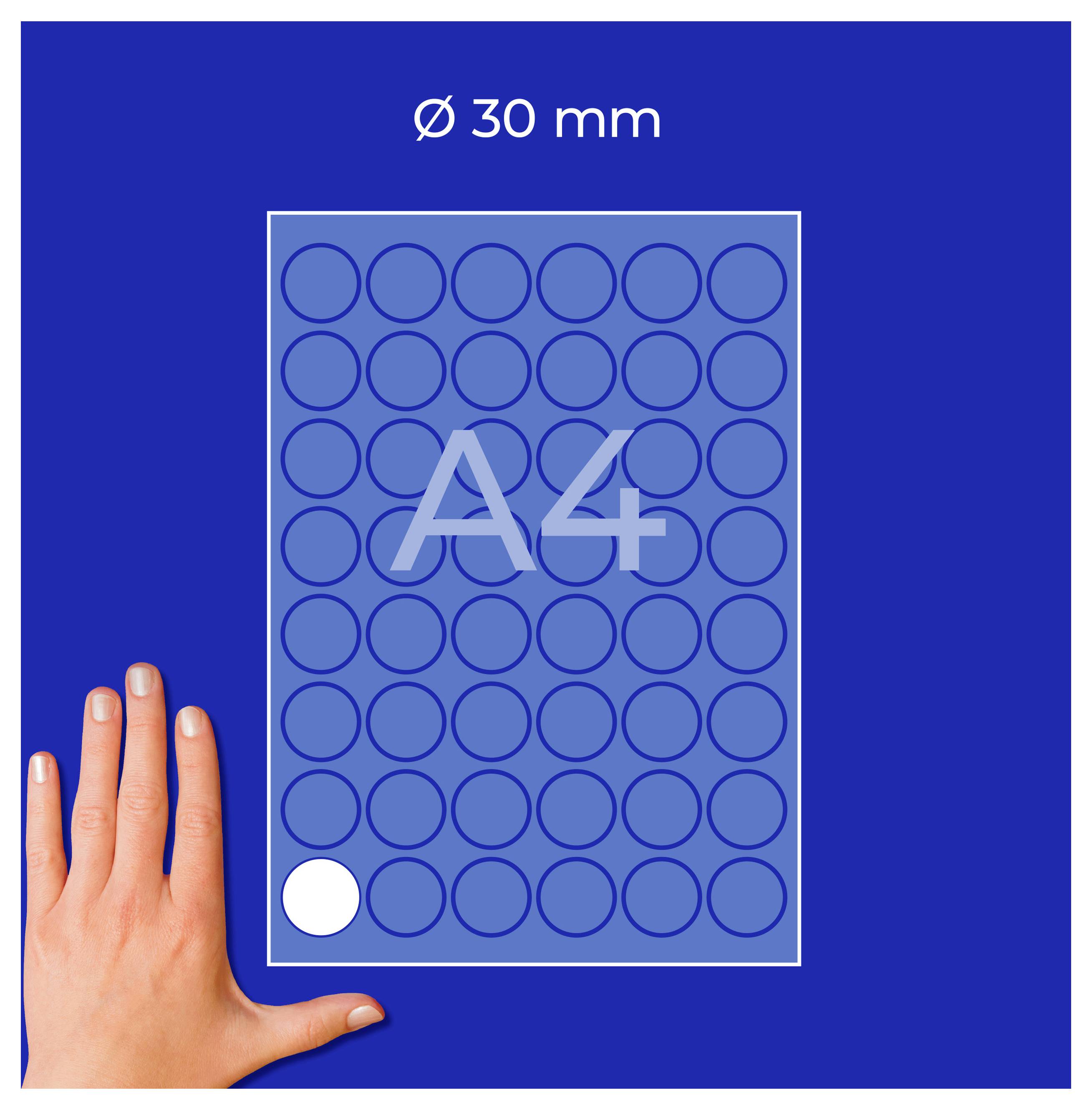 A4-blad met Ø 30 mm gat; linksonder vergelijkt een hand de bladgrootte met het papierformaat.