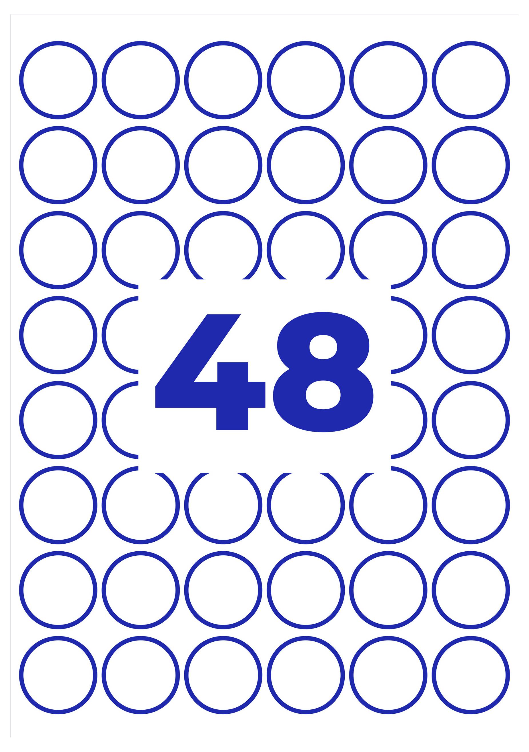 Groot blauw getal '48' in het midden, omringd door een patroon van blauwe cirkels op witte achtergrond.