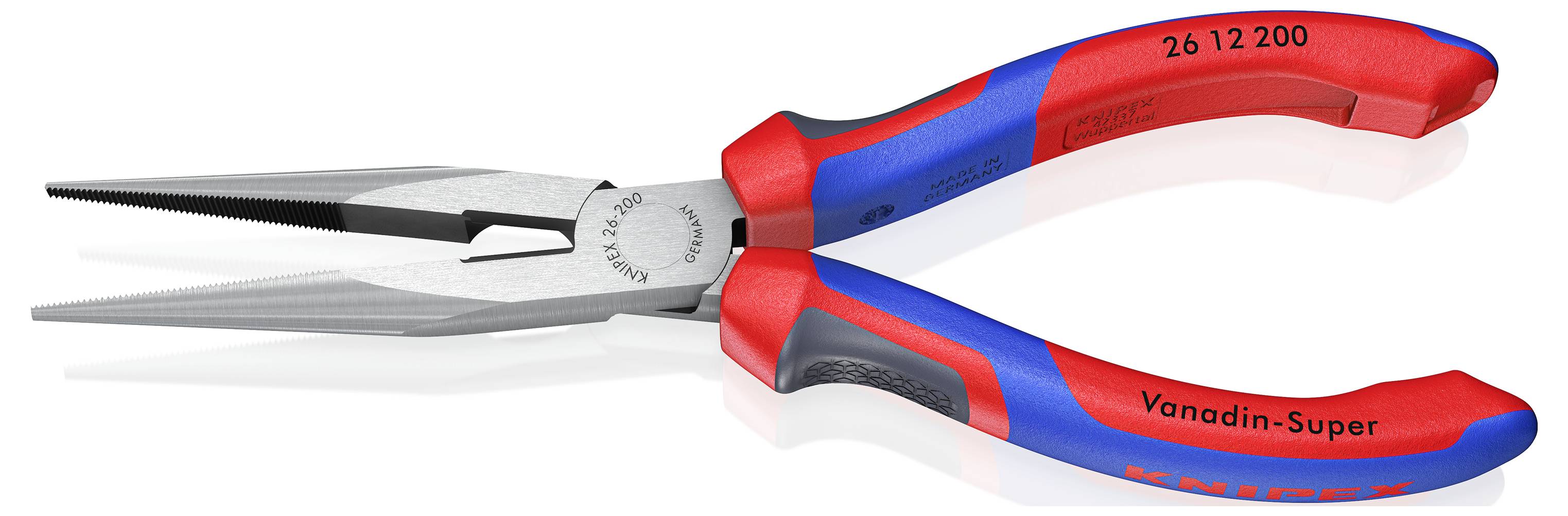 Een rode en blauwe spitse nijptang van metaal met rubberen handgrepen, voorzien van de opdruk 'Vanadin-Super'.