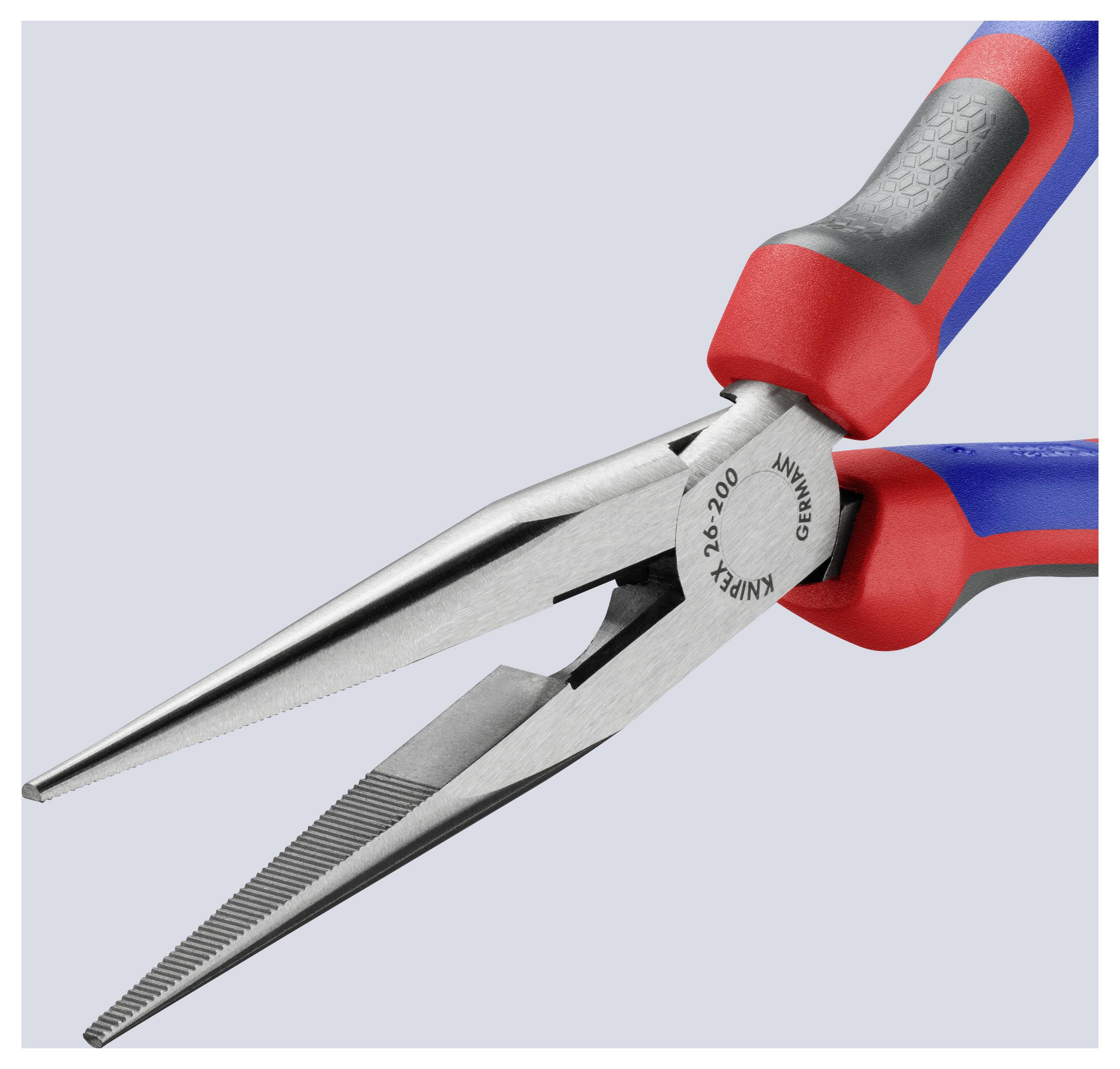 Blauw-rode platrondbektang met getande grijpvlakken en puntige bekken voor precisie bij het vastgrijpen en knippen van draden of fijn materiaal.