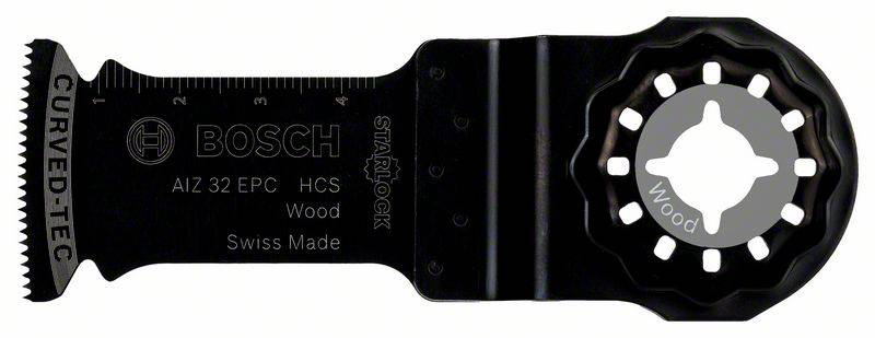 Een zwart Bosch Starlock zaagblad, model AIZ 32 EPC, gespecialiseerd voor hout. Gefabriceerd in Zwitserland.