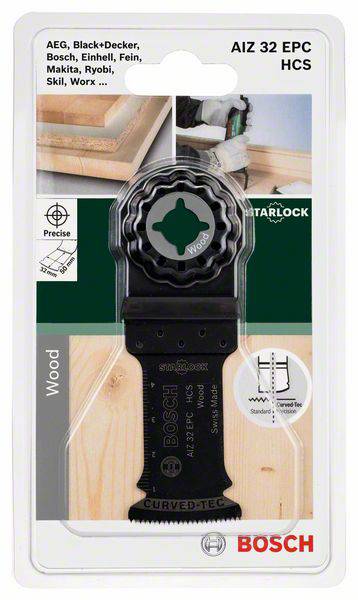 'Bosch AIZ 32 EPC' zaagblad-verpakking, geschikt voor hout. Starlock-systeem compatibel met verschillende merken.