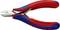 Een rode en blauwe tang met het opschrift 'Knipex'. Ontworpen voor het knippen van draden, vervaardigd in Duitsland.